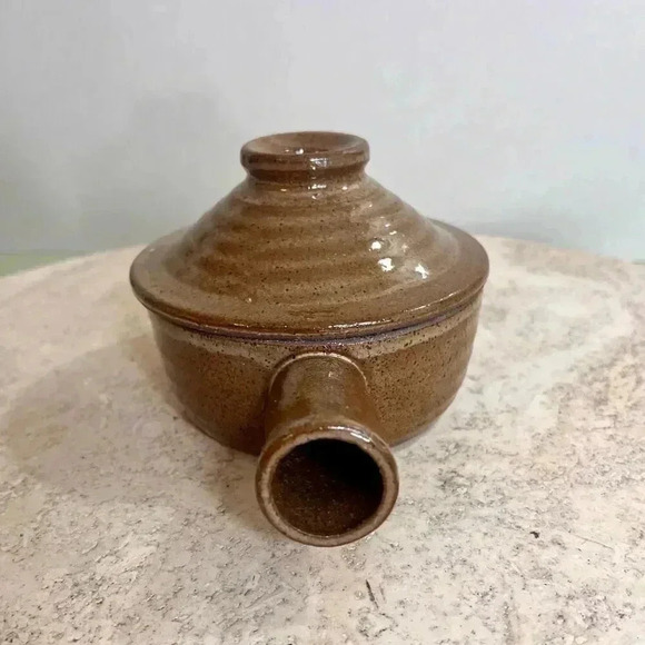 Vintage French Onion Soup Bowl Pottery Brown Non-Stick Handle Vented with Lid - Picture 5 of 12
